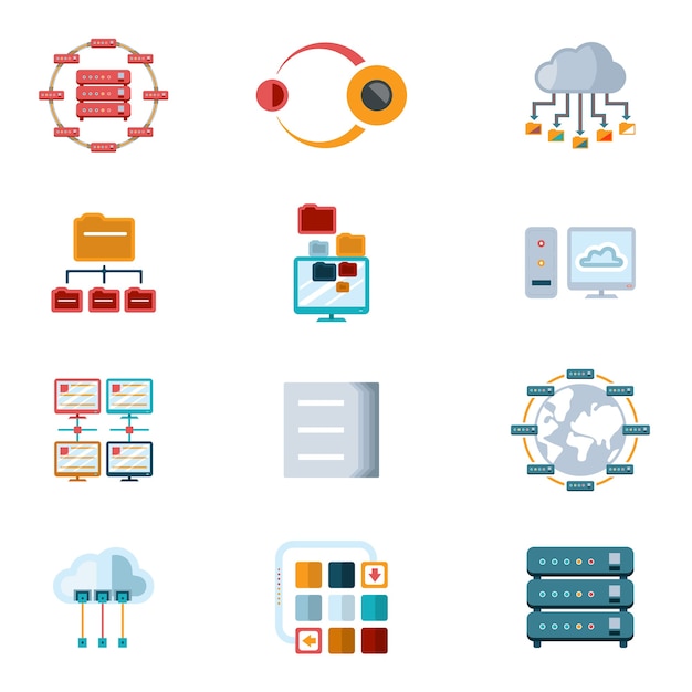 Vector geassorteerde gekleurde computernetwerken pictogrammen met bestandsservers en computerapparaten geïsoleerd op een witte achtergrond.