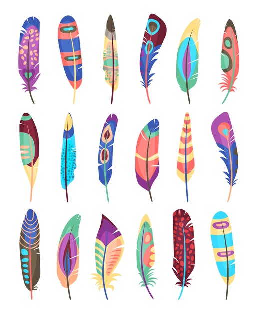 Vector gekleurde veren set. Vogelveren geschilderd in kleurrijke patronen