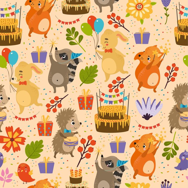 Vector gelukkige verjaardag patroon, egel, konijn, fox, wasbeer