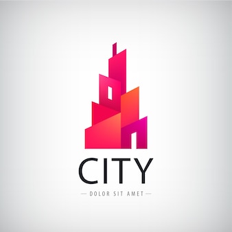 Vector geometrische stad, gebouw logo. moderne stijl rode architectuur structuur, onroerend goed pictogram geïsoleerd