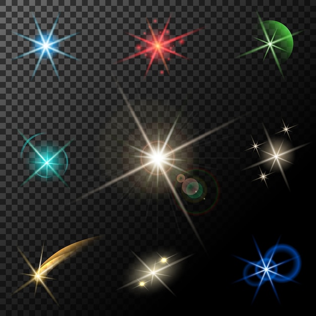 Gratis vector vector gloeiende lichten, sterren en schittert op transparante achtergrond