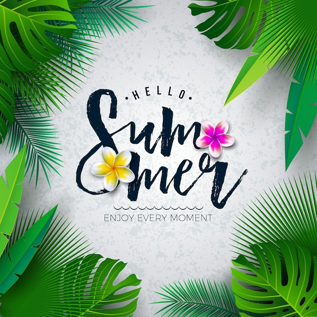 Vector Hallo zomer illustratie met typografie brief en tropische palmbladeren