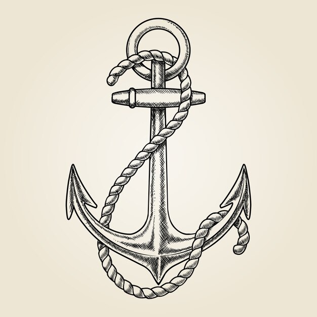 Vector hand getekend nautisch anker. Element schip, vintage tekening, touw marine