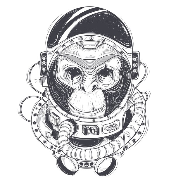 Vector hand getekende illustratie van een aap astronaut, chimpansee in een ruimte pak