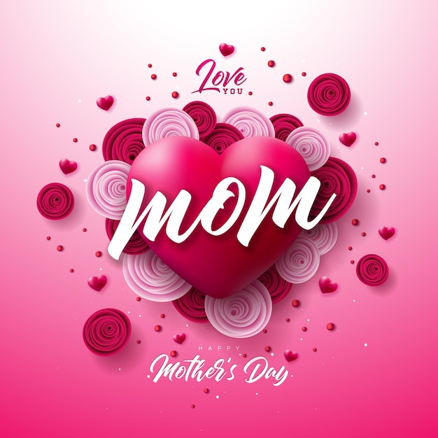 Vector Happy Mother's Day illustratie met roze bloem en rood liefdevol hart op roze achtergrond