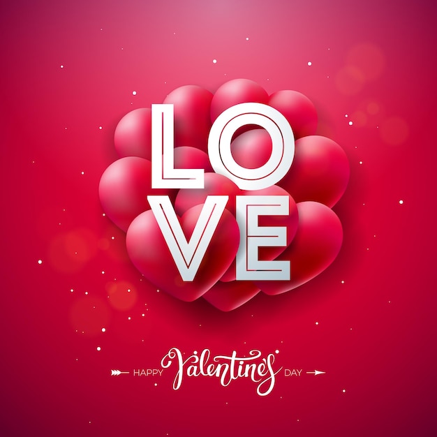 Vector happy valentines day design met rood hart en typografie brief op glanzende rode achtergrond