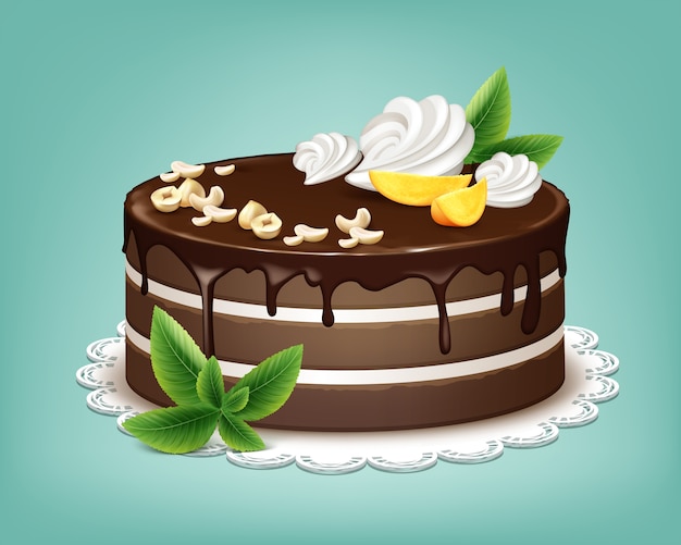 Gratis vector vector hele chocolade bladerdeegcake met suikerglazuur, slagroom, noten, fruit en munt op wit geïsoleerd kanten servet