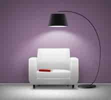 Gratis vector vector huis interieur met witte fauteuil, zwarte vloerlamp, rood boek en violet muur vooraanzicht