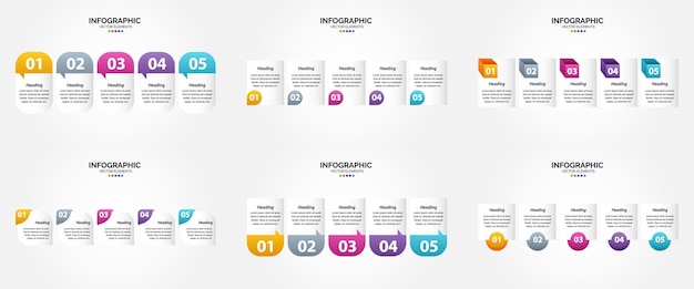 Vector illustratie 5 stappen infographics platte ontwerpset voor reclamefolder flyer en tijdschrift pack van 917