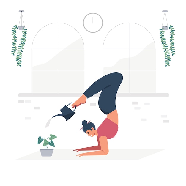 Vector illustratie cartoon jonge yoga meisje de boom drenken.