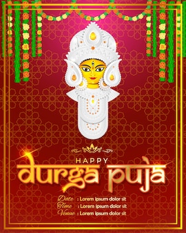 Vector illustratie groet van happy durga puja, godin durga face in subh navratri abstracte achtergrond.