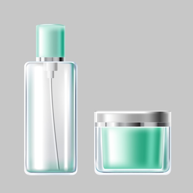 Vector illustratie set van lichtblauwe glazen cosmetische verpakking