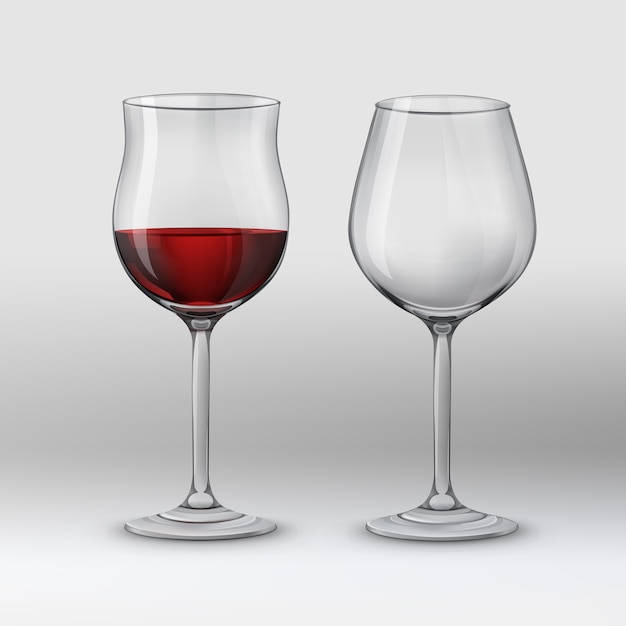 Vector illustratie. Twee soorten wijnglazen voor rode wijn. Geïsoleerd op grijze achtergrond