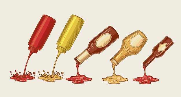 Vector illustratie van een gravure stijl set van verschillende sauzen worden uit flessen gegoten