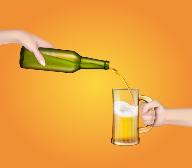 Vector illustratie van een koude gerst bier gieten van een fles in een transparant glas.