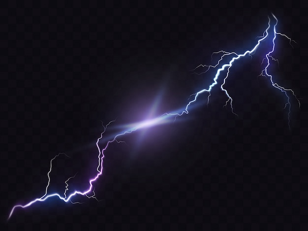 Vector illustratie van een realistische stijl van heldere gloeiende bliksem geïsoleerd op een donker, natuurlijk licht effect.
