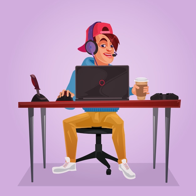 Vector illustratie van een tiener zitten op laptop