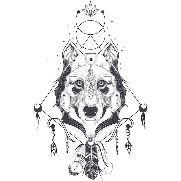 Vector illustratie van een vooraanzicht van een wolf hoofd, geometrische schets van een tattoo