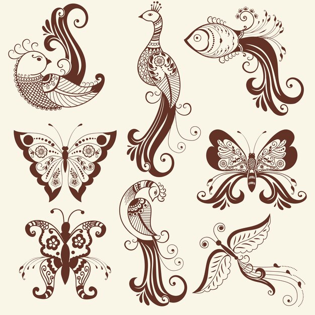 Vector illustratie van mehndi ornament. Traditionele Indiase stijl, sier bloemen elementen voor henna tattoo, stickers, mehndi en yoga ontwerp, kaarten en prints. Abstracte bloemen vector illustratie.