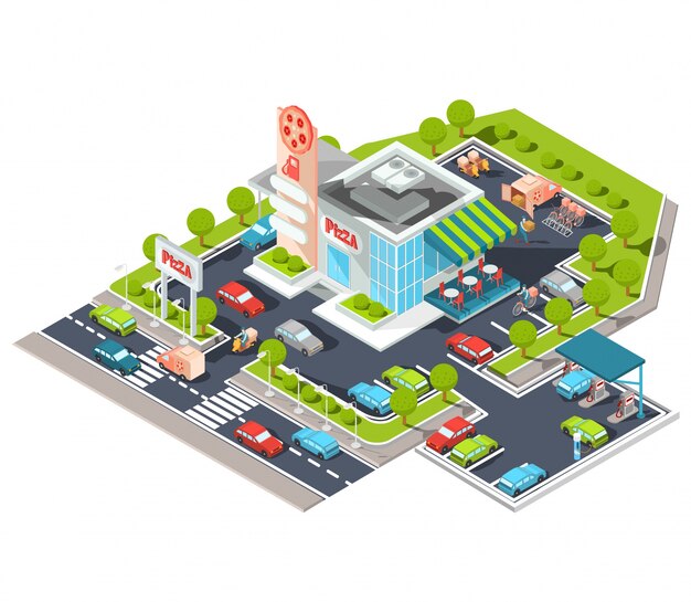 Vector isometrische illustratie van een modern Italiaans fastfood restaurant met parkeerplaats en benzinestation.