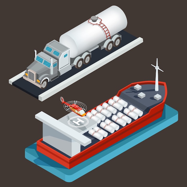 Gratis vector vector isometrische vrachtwagen met tanker en zeetanker met vrachtsilo en helikopterstootkussen.