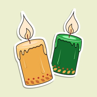 Vector kaarsen sticker. twee gebrande kaarsen met bladeren en stippen.