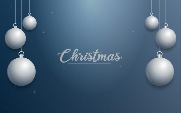 Vector kerstbanner met versieringen merry christmas tekst zilveren ornamenten op blauwe achtergrond vectorillustratie