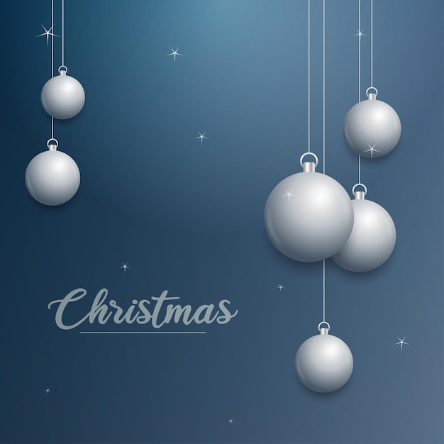 Vector kerstbanner met versieringen merry christmas tekst zilveren ornamenten op blauwe achtergrond vectorillustratie