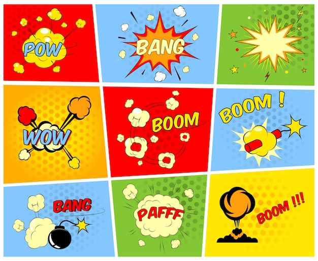 Gratis vector vector komische boom of explosies en komische geluidseffecten ingesteld