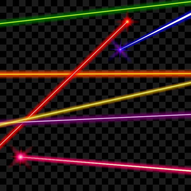 Vector laserstralen op transparante geruite achtergrond. stralingsenergie, glanzende lijn, heldere kleurenillustratie