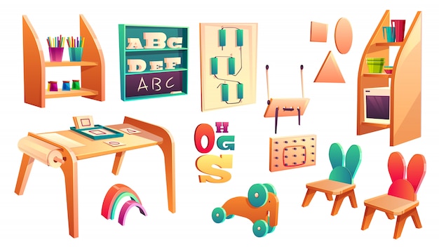 Vector montessori set, elementen voor basisschool geïsoleerd op een witte achtergrond. Kleuterschool voor