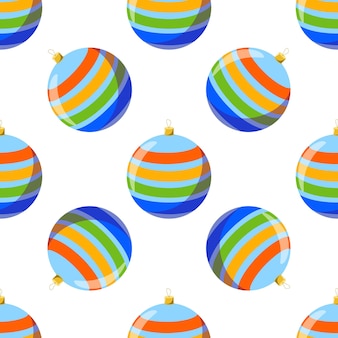 Vector naadloze patroon met een gestreepte bal kerstboom speelgoed op een witte achtergrond.