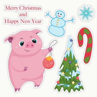 Vector new years set winter thema stickers met een schattig varken en een sneeuwpop