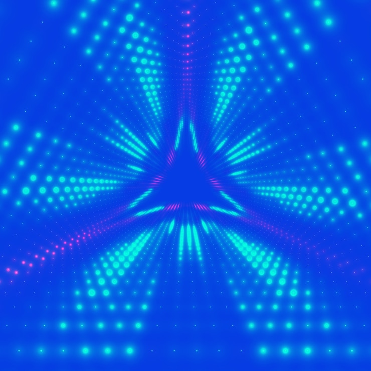 Gratis Vector vector oneindige driehoekige tunnel van glanzende fakkels op achtergrond. gloeiende punten vormen tunnelsectoren. abstracte cyber kleurrijke achtergrond voor uw ontwerpen. elegant modern geometrisch behang.