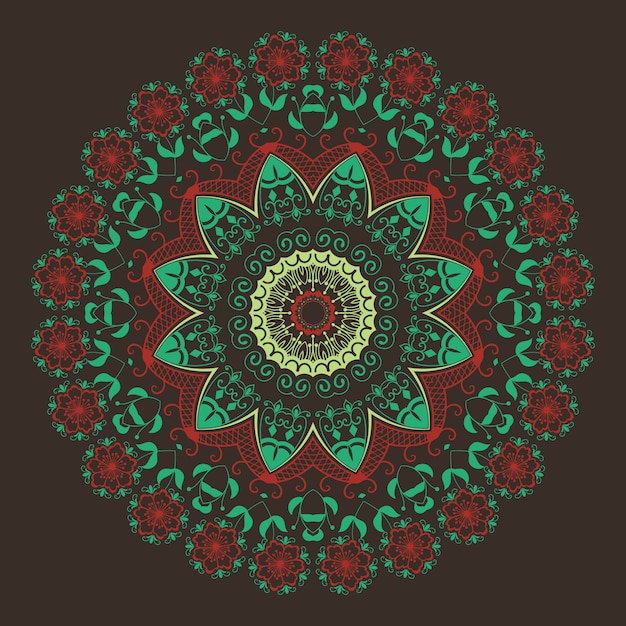 Vector ornamentale ronde kant met damast en arabesque elementen. Mehndi stijl. Orient traditionele ornament. Zentangle-achtige ronde gekleurde bloemenornament.