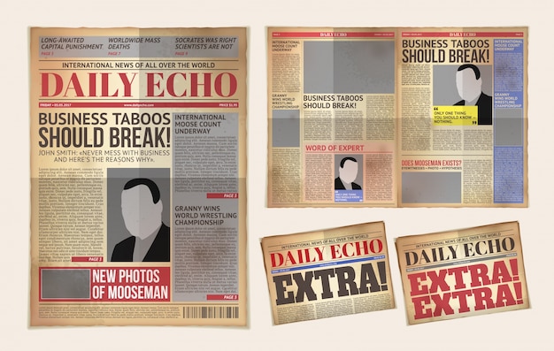 Vector oude dagelijkse krant sjabloon, tabloid, layout posting reportage