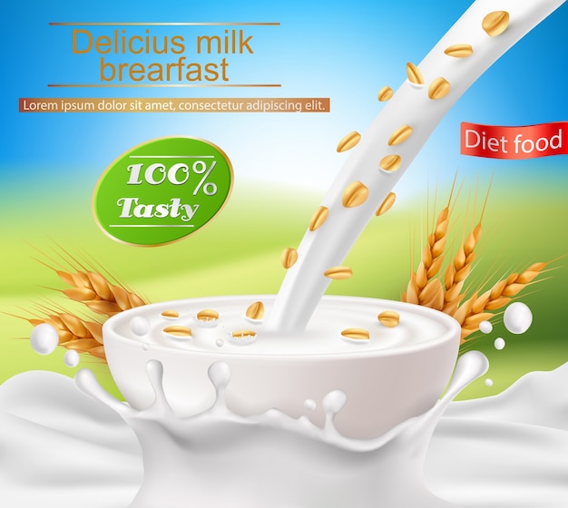 Vector realistisch poster met een melkplons en melk die in een kopje wordt gegoten met ontbijtgranen