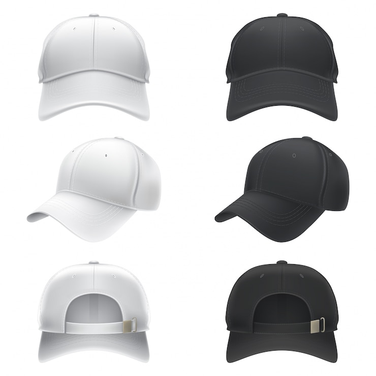 Gratis Vector vector realistische illustratie van een witte en zwarte textiel baseball cap voor, achter en zijaanzicht