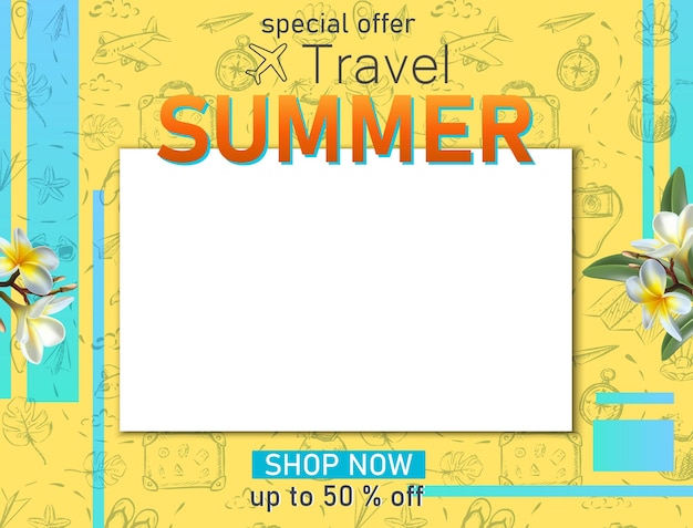 Gratis vector vector reisbanner zomer reizen toeristische banner met kopie ruimte en met de hand getekende elementen