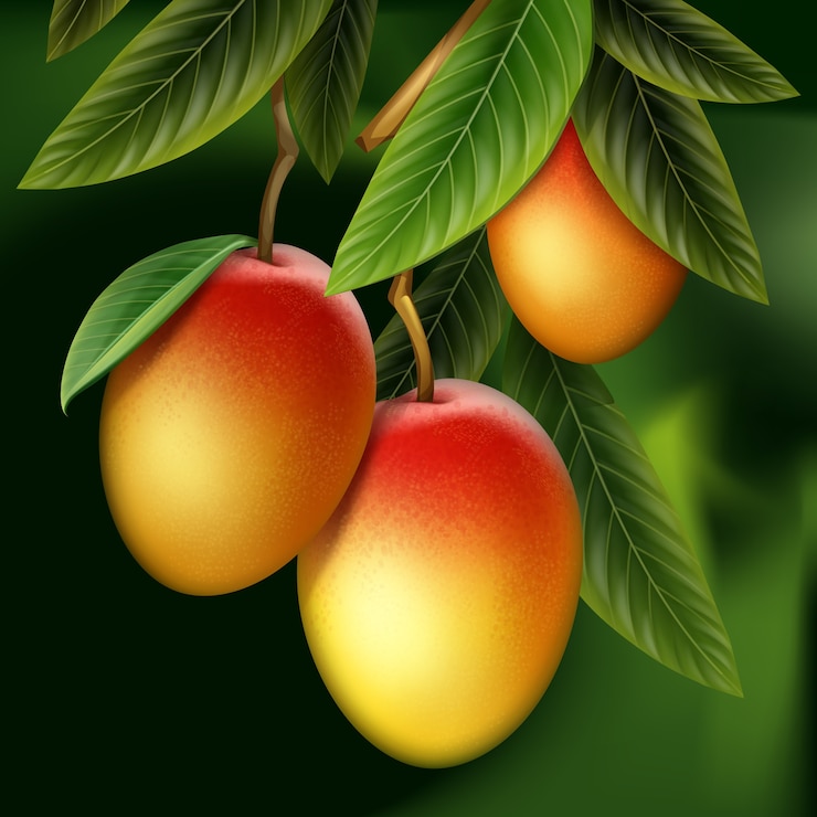 Gratis Vector vector rijpe gele, oranje, rode hele mango en bladeren die op tak hangen die met groene onduidelijk beeldachtergrond wordt geïsoleerd