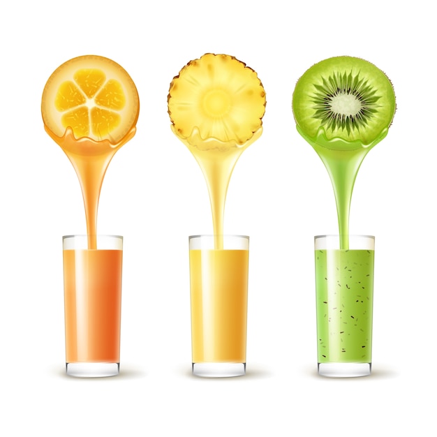 Gratis vector vector set ananas, kumquat, kiwi plakjes met sap stroom en glas geïsoleerd op een witte achtergrond