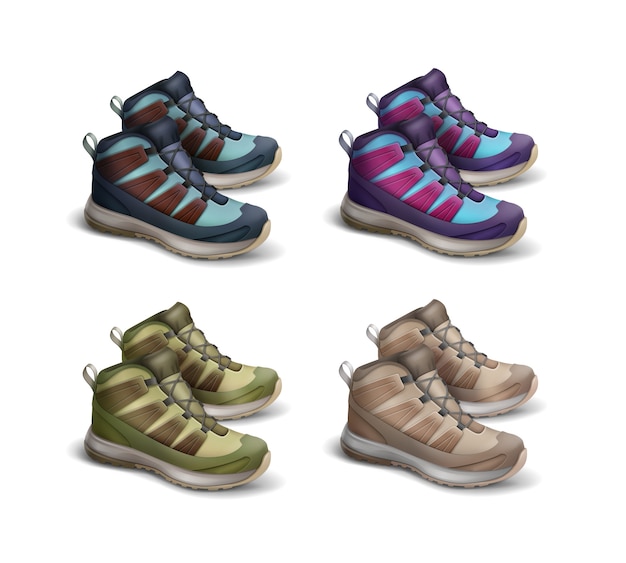 Vector set gekleurd bruin, groen, blauw, violet, magenta reissneakers zijaanzicht geïsoleerd op een witte achtergrond