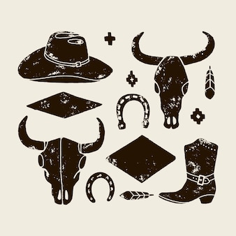 Vector set hand tekenen elementen van het wilde westen. cowboy westerse pictogrammen in zwart-wit. ontwerpelementen voor logo, label, embleem, teken, badge. cowboyhoed, laarzen, koeienschedel, hoefijzer, veer