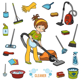 Vector set met meisje en objecten voor het schoonmaken. cartoon kleurrijke items