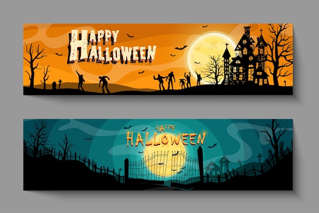 Vector set uitnodigingen voor Halloween-feest of wenskaarten met handgeschreven kalligrafie en traditionele symbolen.