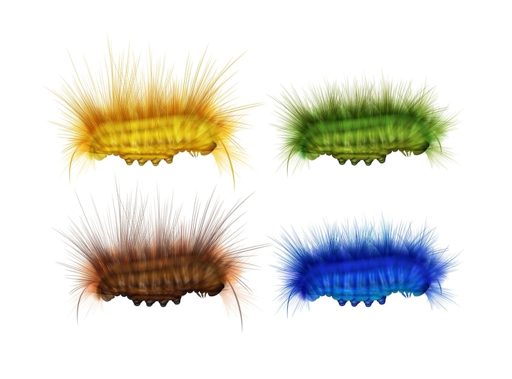 Gratis Vector vector set van verschillende kleurrijke groene, gele, bruine, blauwe harige rupsen zijaanzicht geïsoleerd op een witte achtergrond
