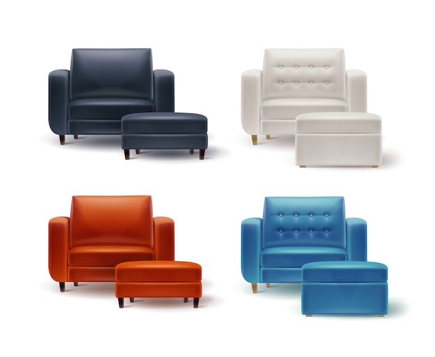 Vector set van witte, oranje, bruine, zwarte, blauwe fauteuils met gewatteerde krukken vooraanzicht geïsoleerd op een witte achtergrond