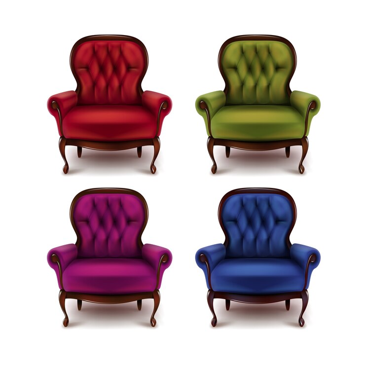 Gratis Vector vector set vintage rood, groen, violet, paars, blauw fauteuils geïsoleerd op een witte achtergrond