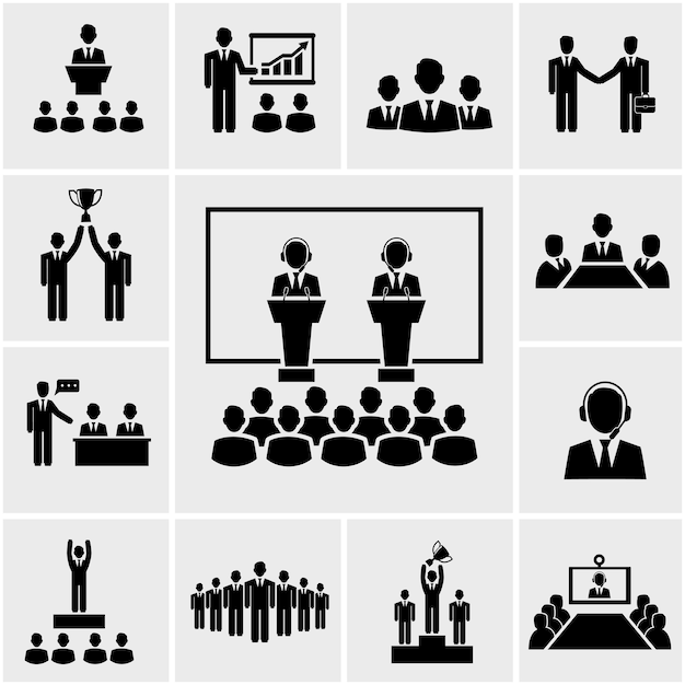 Gratis vector vector silhouet zakelijke conferentie en presentatie pictogrammen, mensen ontmoeten