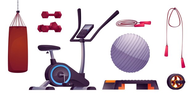 Vector sport sportschool oefening apparatuur cartoon set Fitness meubilair voor thuis met gewicht elliptische trainer bal peer springtouw en halter geïsoleerde aërobe element collectie met wielroller